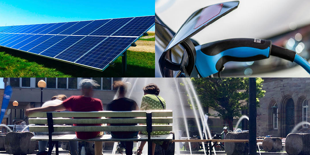 collage solar cells, electric car charging and public park with visitors