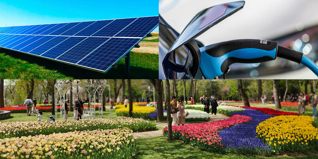 temaomraden-1080x540b A collage with three themes: solar panels in a photovoltaic park, a close-up of an electric car charging point, and a public park with flower plantings and visitors. The image illustrates sustainable energy, mobility and the outdoor environment.